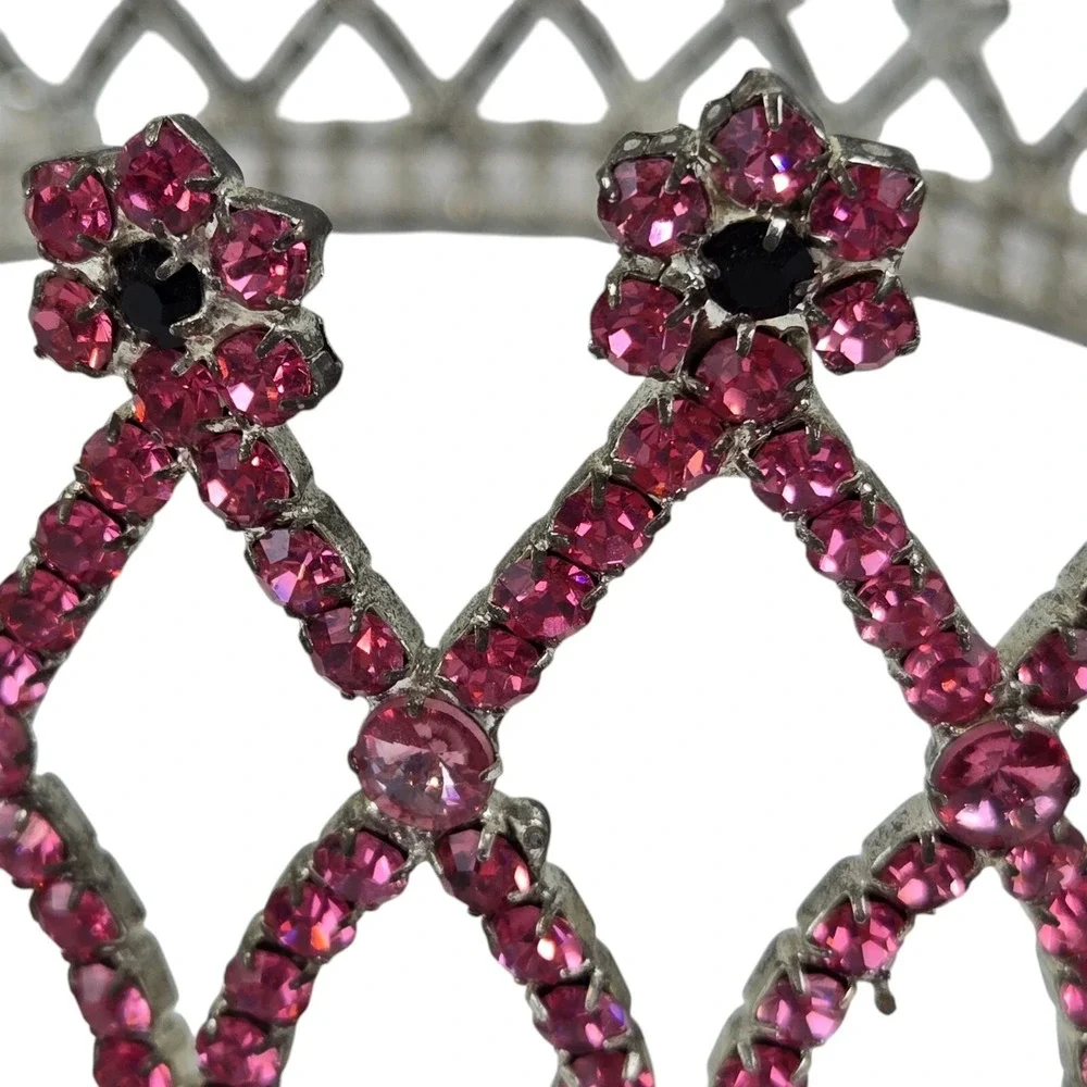 VTG Pink Black Rhinestone Crown Bridal Pageant Princess Cosplay 4 Prong Holders